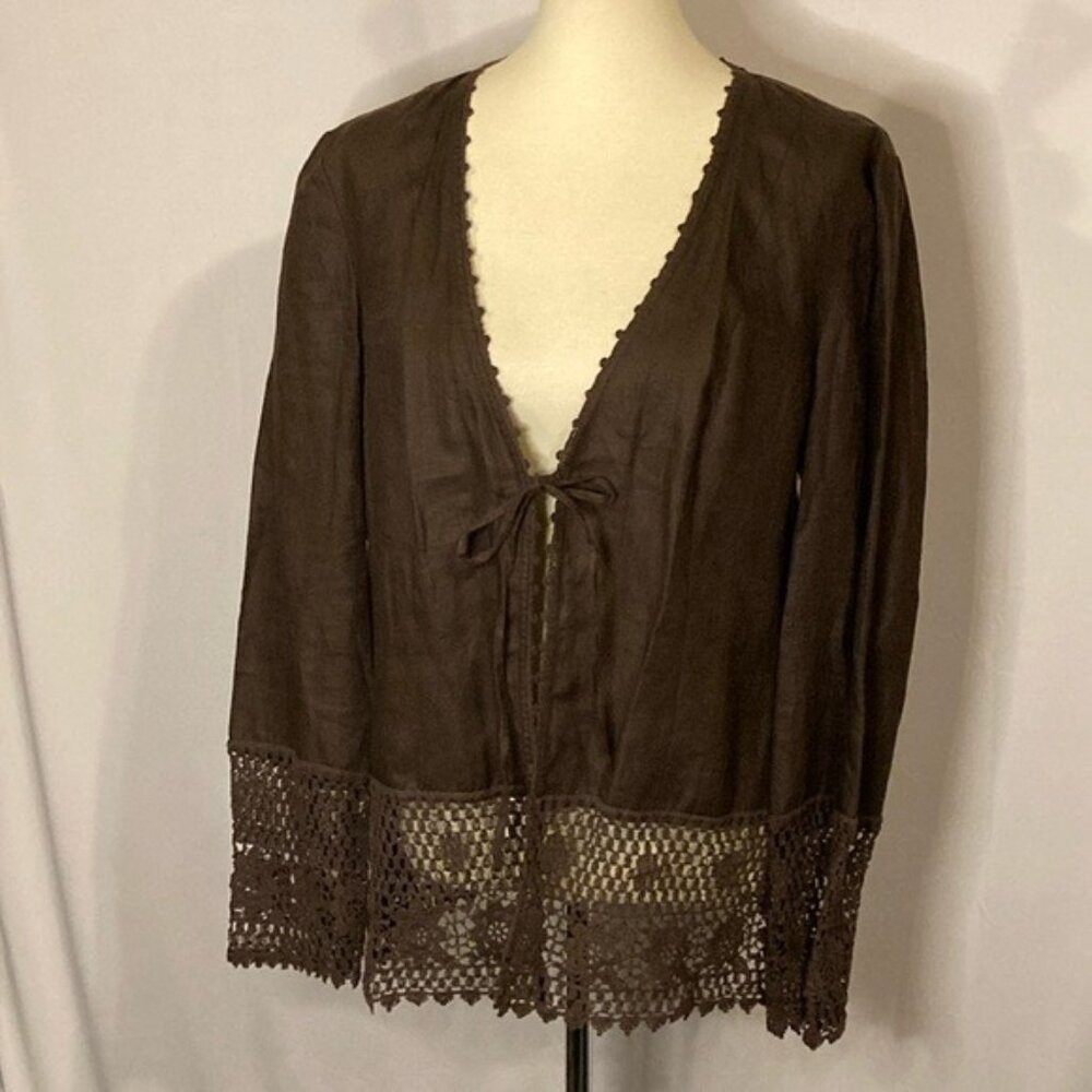 Peck & Peck Weekend Linen Crochet Trim Brown Blouse Size 14